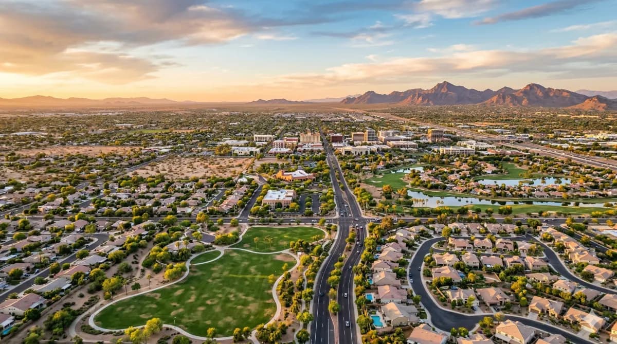 Aerial view of a Chandler, Arizona neighborhood at sunset