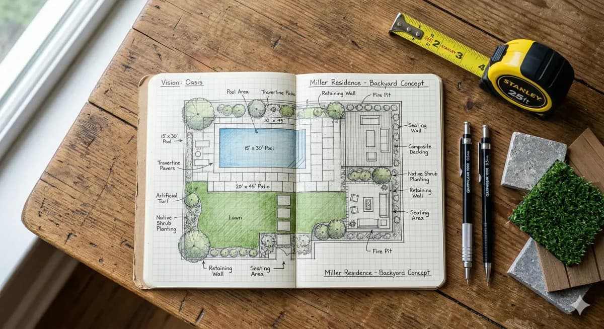 Hand-drawn backyard concept plan with material samples and tape measure