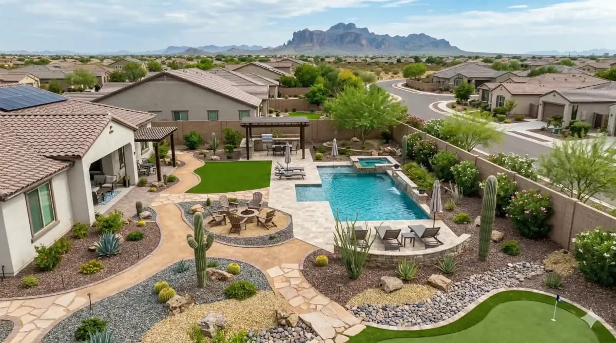 Completed Arizona backyard oasis with pool, spa, paver patio, turf and mountain views by TotalScape Pros